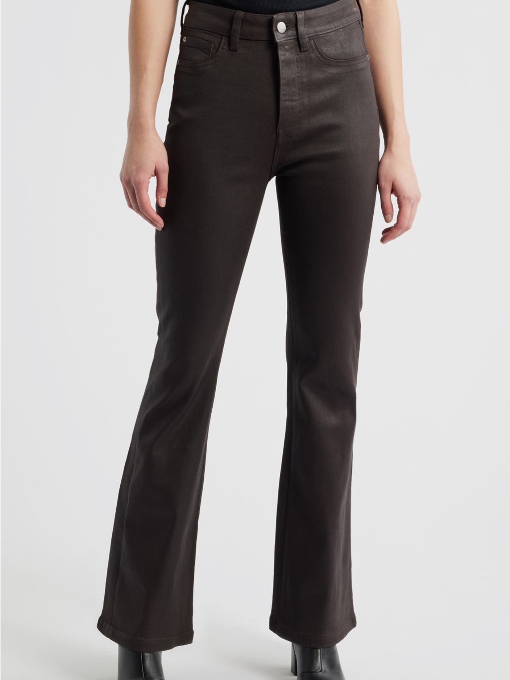 Warp + Weft High-Rise Coated Flare Jeans In Dark Brown